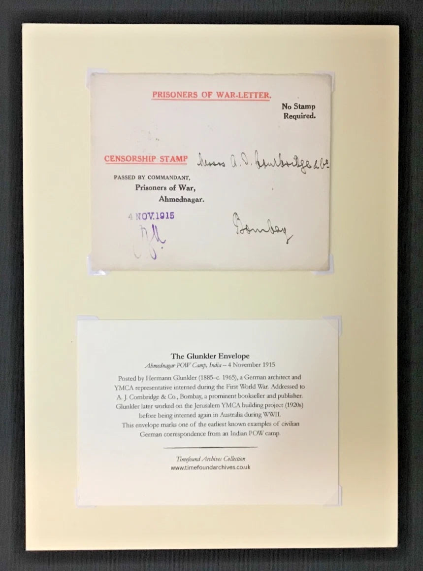 1915 WWI German POW Envelope Ahmednagar India – Signed Hermann Glunkler YMCA