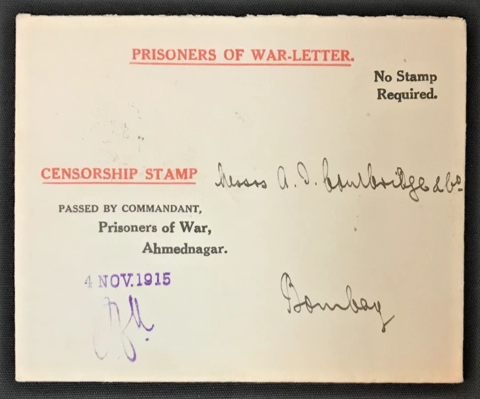 1915 WWI German POW Envelope Ahmednagar India – Signed Hermann Glunkler YMCA