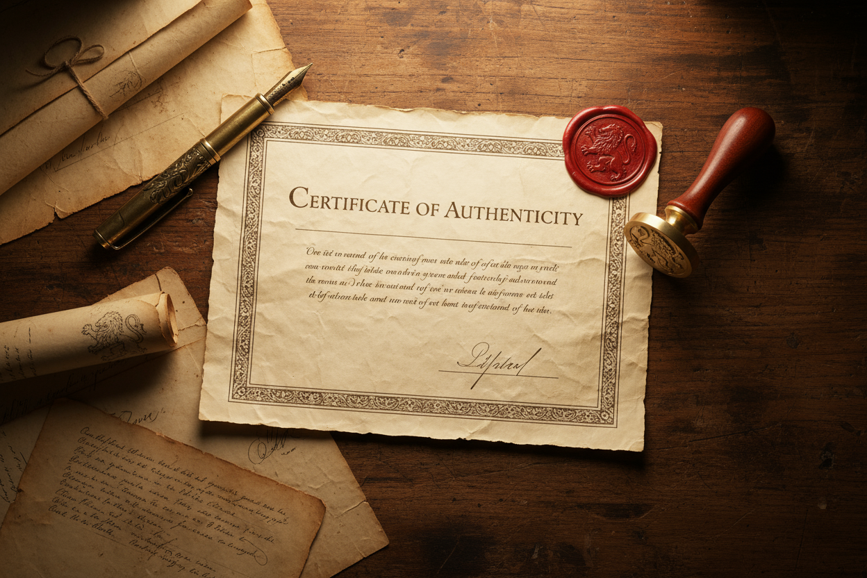 A cinematic flat-lay of a Certificate of Authenticity beside a red wax seal stamp, antique fountain pen, and old parchment documents on a wooden desk, illuminated by soft golden museum lighting, detailed texture, warm vintage tones, 3:2 ratio.