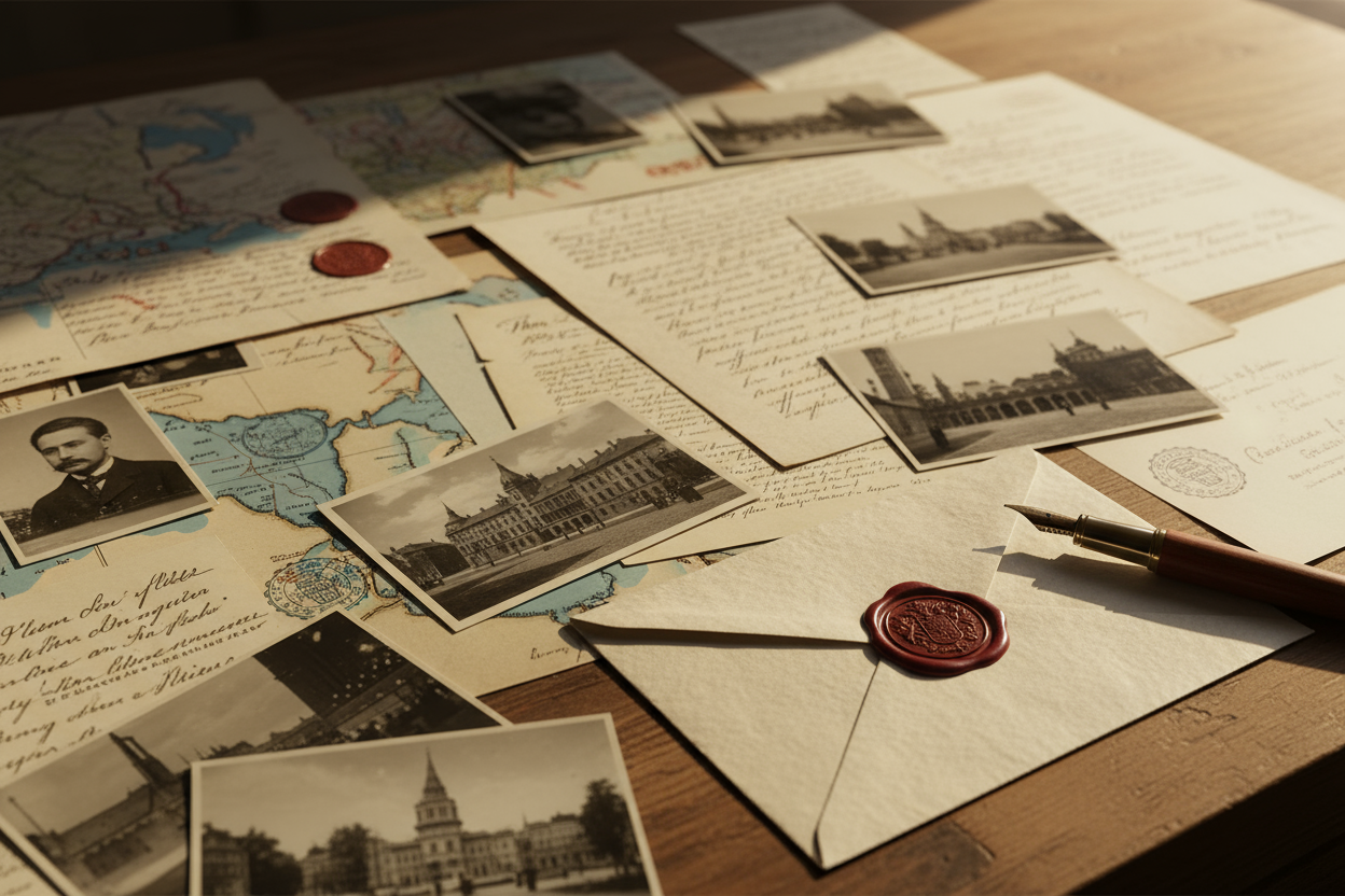 A cinematic flat-lay of archival documents and vintage photographs on a desk, warm light falling across them, with a wax-sealed envelope and fountain pen nearby. Museum-grade tones and shallow depth of field.