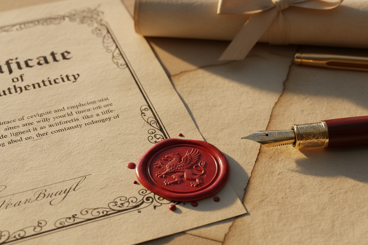 Certificate of Authenticity beside a red wax seal stamp, fountain pen and old paper; macro texture, golden light, 2:1.