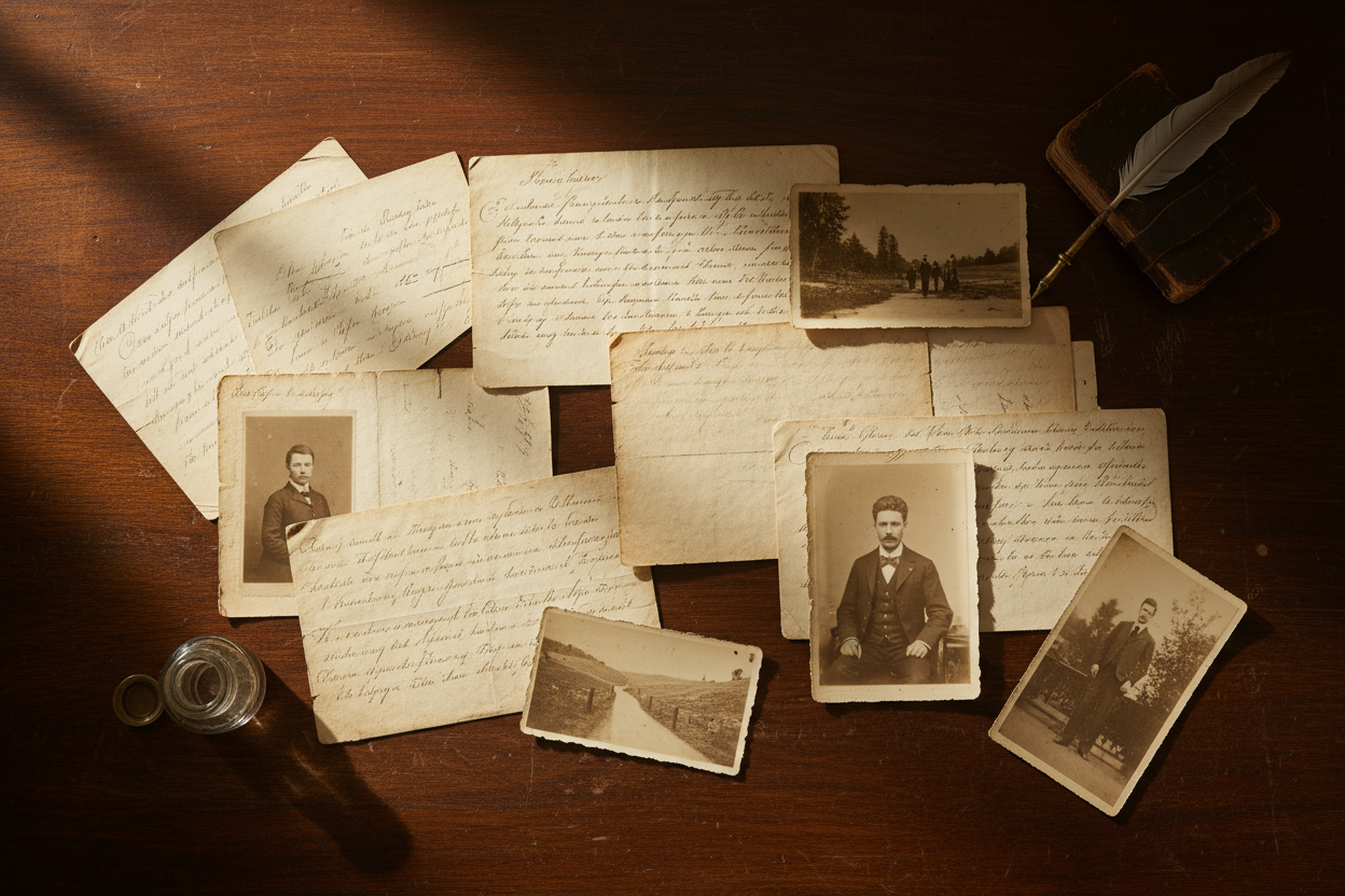 Cinematic flat-lay of old letters and sepia photographs neatly arranged on a wooden desk, soft light and visible paper texture, museum-grade tone, 2:1 ratio.
