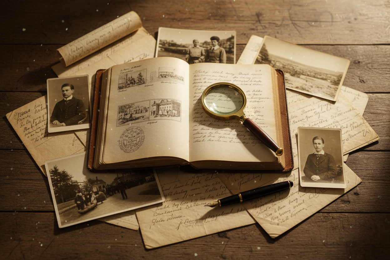 Create a warm, cinematic flat-lay of vintage letters, sepia photographs, and an old leather-bound journal arranged neatly on a wooden desk. Include a magnifying glass, fountain pen, and soft afternoon light filtering across the scene with gentle dust particles in the air.

The image should evoke the feeling of a carefully curated historical collection — timeless, elegant, and authentic.

Style: museum-grade, archival, soft golden tones, shallow depth of field.
Background: warm wood or parchment, no text or 