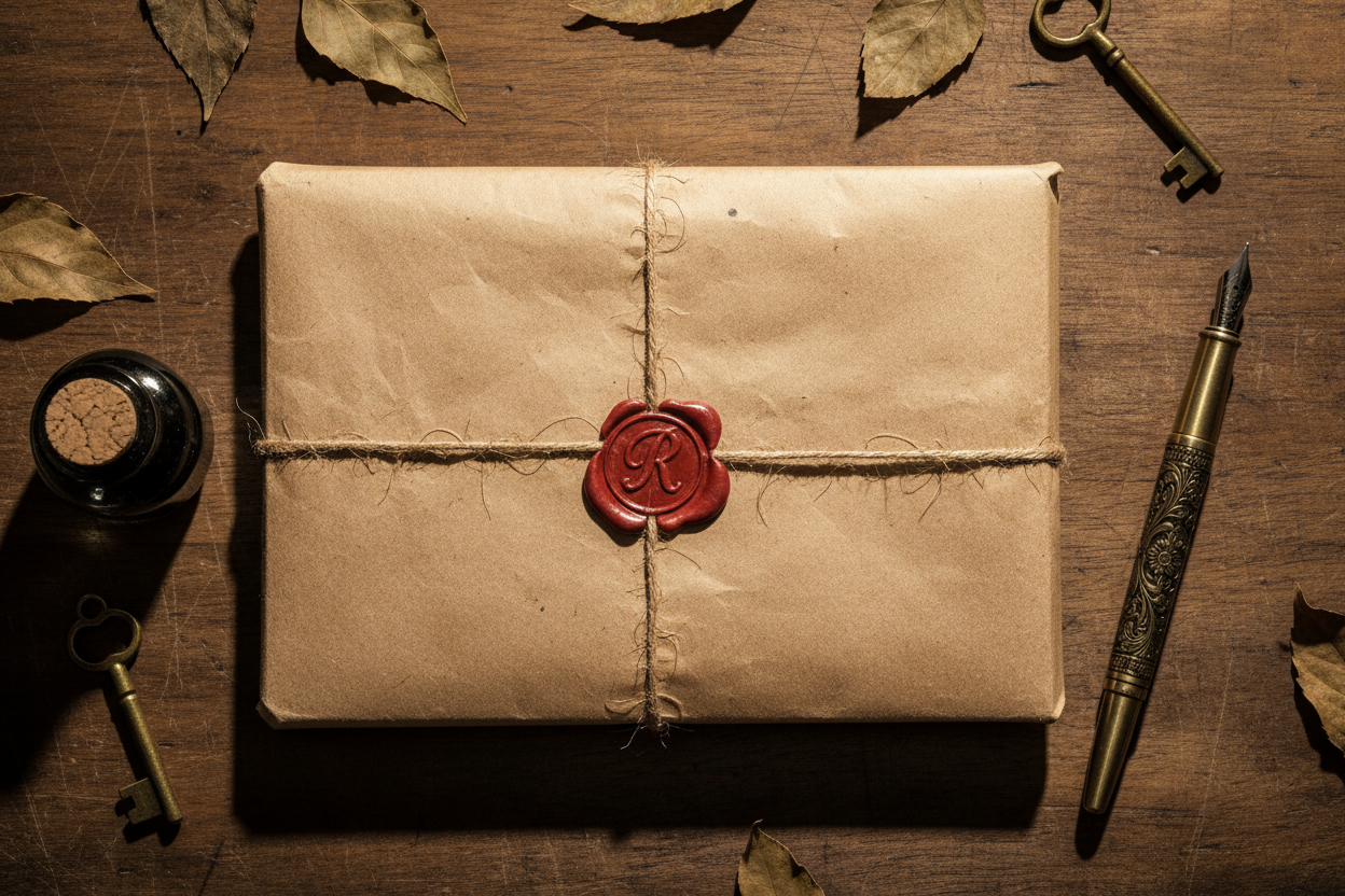 Flat-lay of vintage parcel wrapped in brown paper and twine, wax seal and fountain pen nearby, warm sepia lighting, 2:1 ratio.