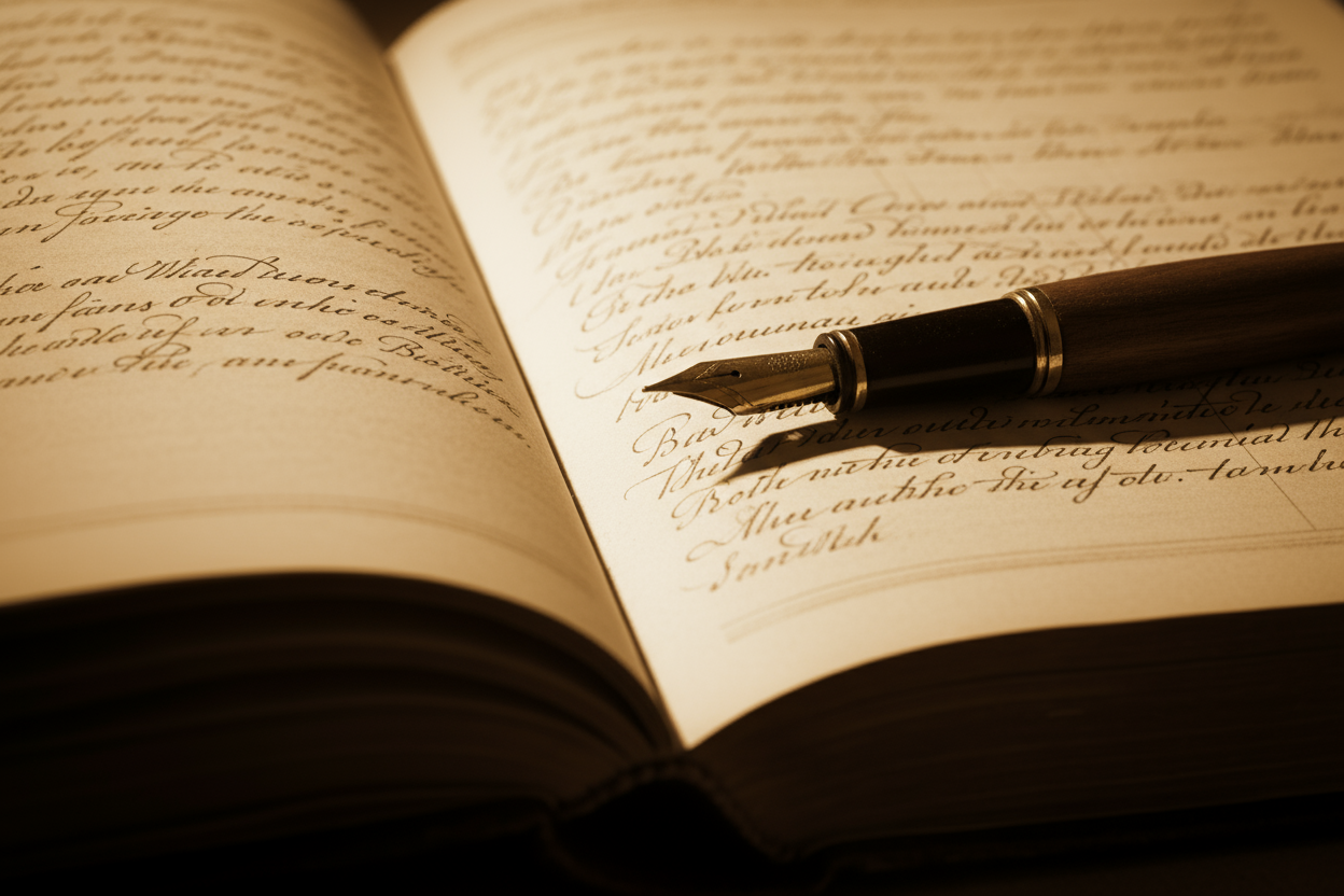 Open antique ledger book with handwritten entries and fountain pen beside it, cinematic archival lighting, sepia tones, 3:2 ratio.