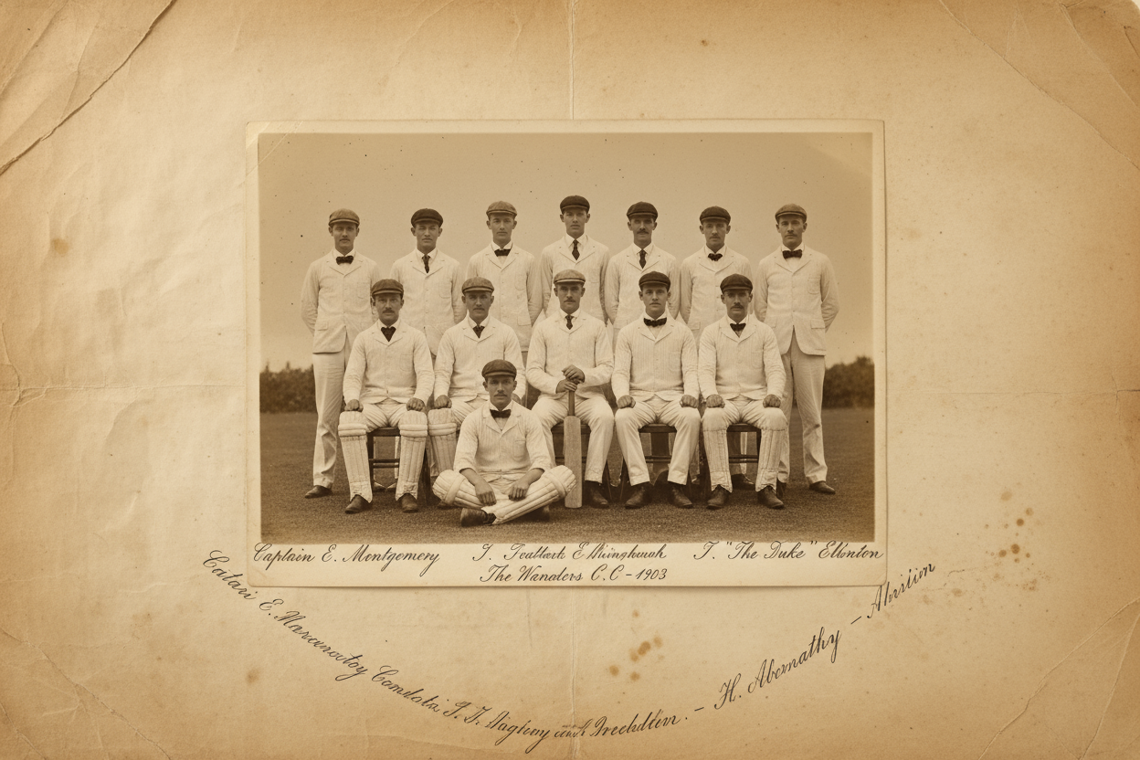 Vintage black-and-white cricket team photo laid on parchment with handwritten names, warm archival tone, 3:2 ratio.