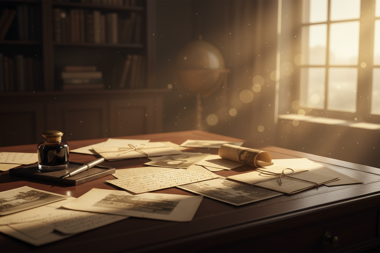 Warm, cinematic desk scene with vintage letters, sepia photographs, ink bottle and fountain pen; soft window light, faint dust motes, shallow depth of field, museum aesthetic, 2:1. NO wax stamps