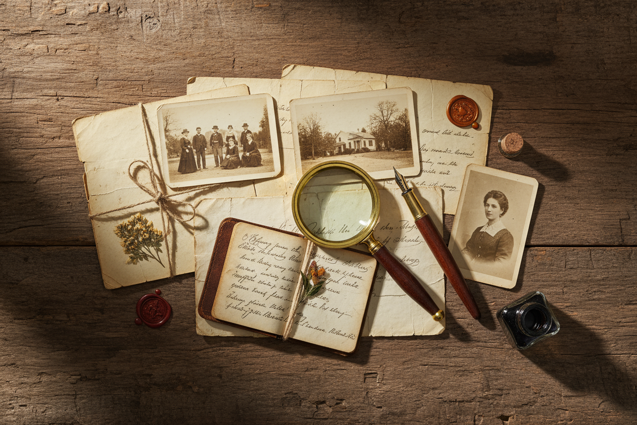 Warm flat-lay of vintage letters, sepia photos, magnifying glass and fountain pen on wood; soft window light, 2:1 ratio; museum tone